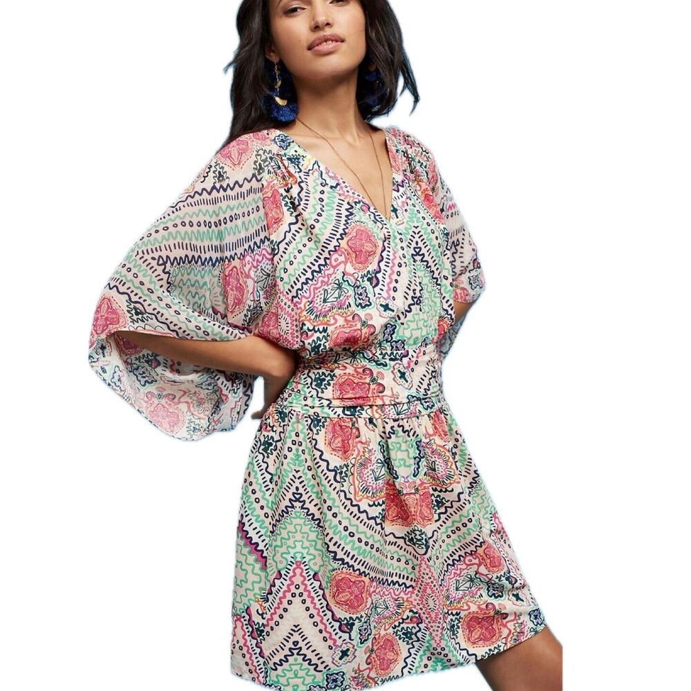 NWT Anthropologie MaEve Siya Watercolor Floral Graphic Kimono Dress Petite 6